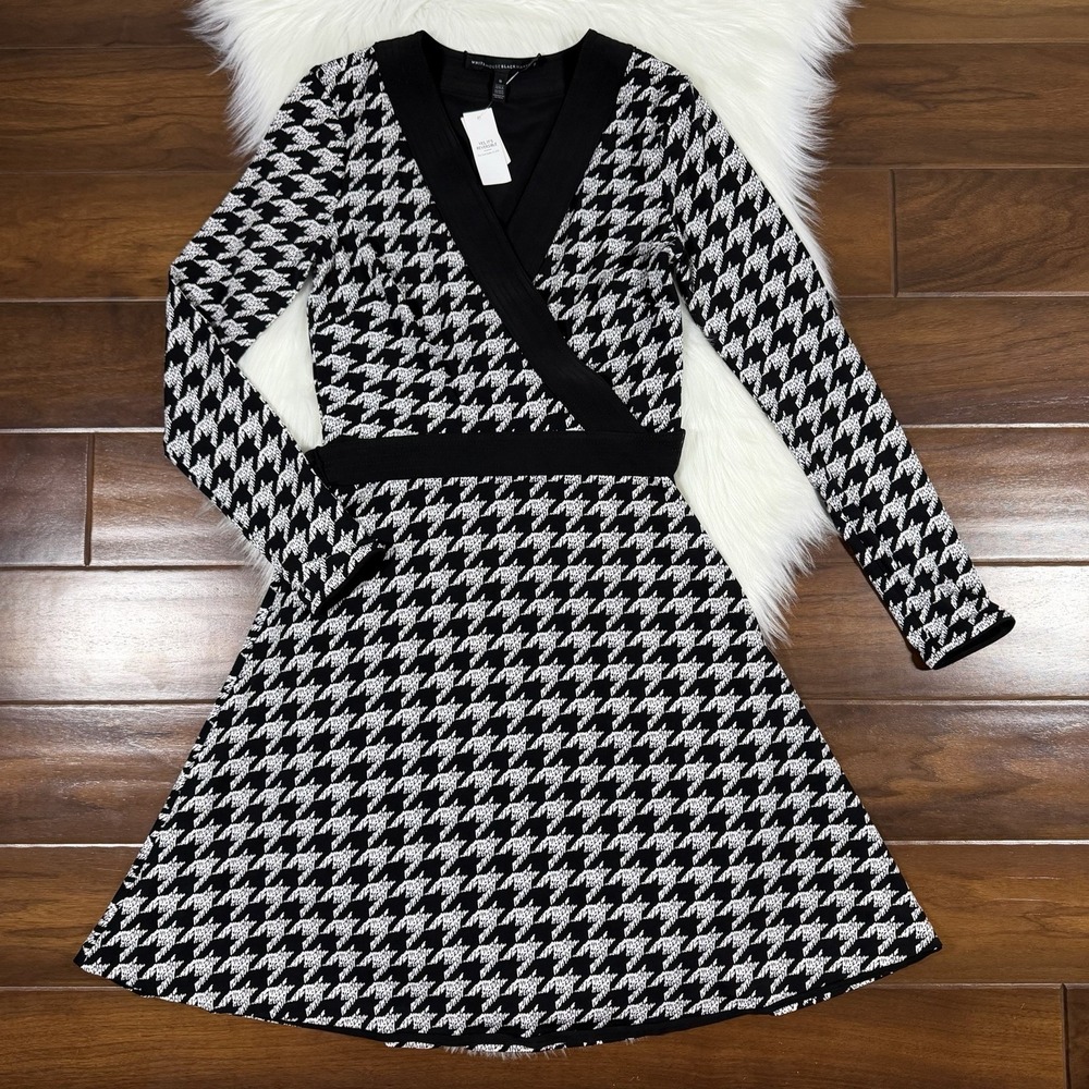 White House Black Market Size 0 Houndstooth Reversible Faux Wrap Dress Tie Belt